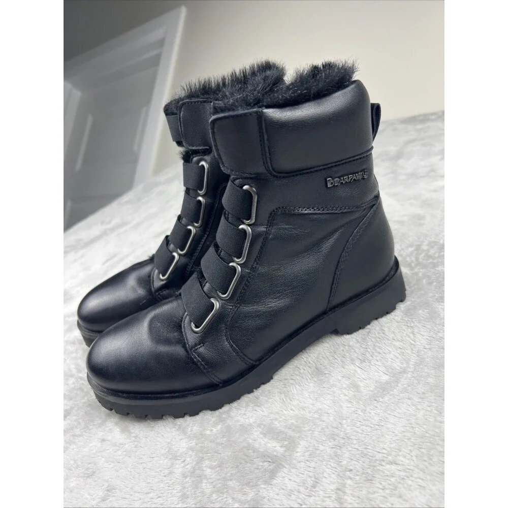 BEARPAW Vivian BOOT 7 Black SHEEP Nappa LEATHER Ankle Short Hiking Biker Fur